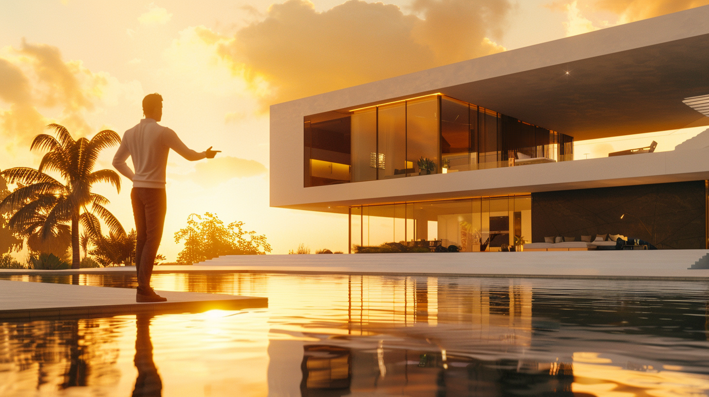 A Confident AI Bot Presenting Luxury Villa Sunset