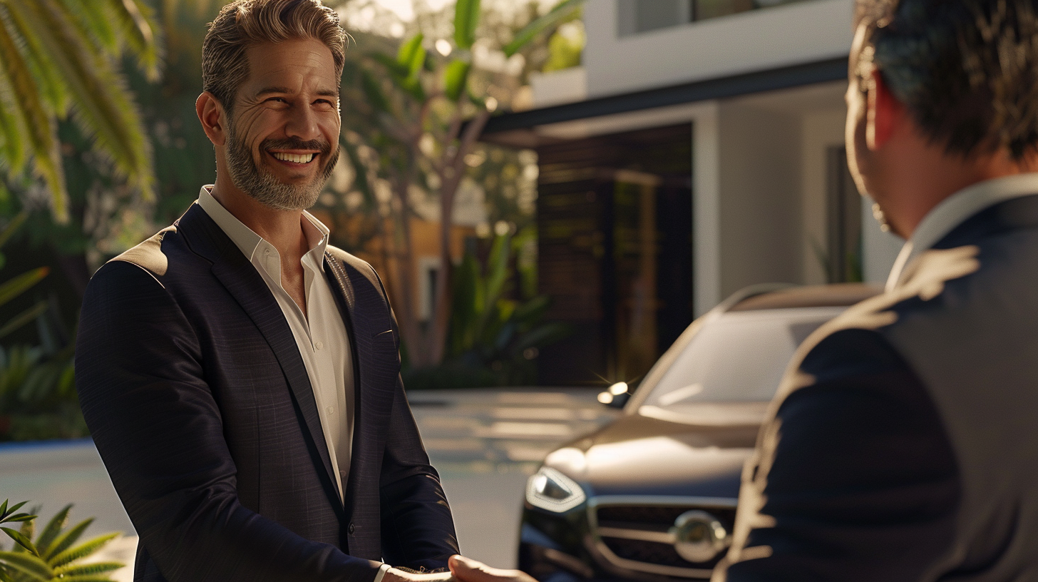 A Confident Man Shaking Hands Outside Luxury Villa