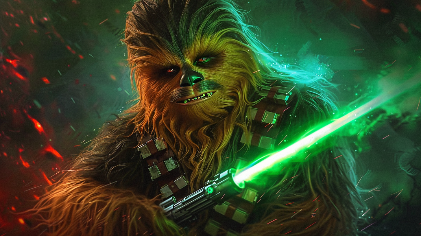 A Confident Wookie Jedi with Green Lightsaber Portrait.