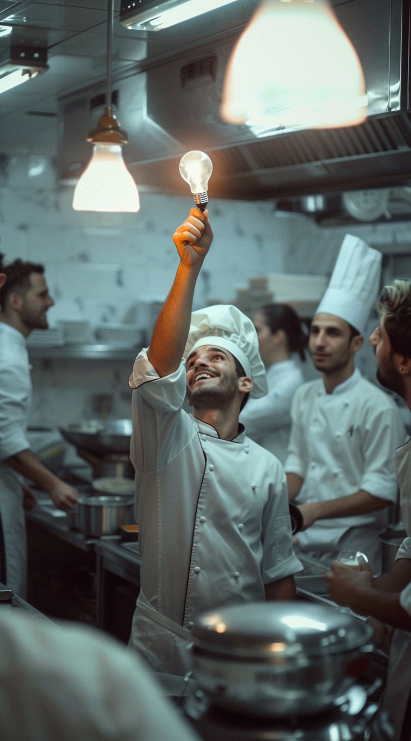 A Cook in a Clean Kitchen with Lit Lightbulb.