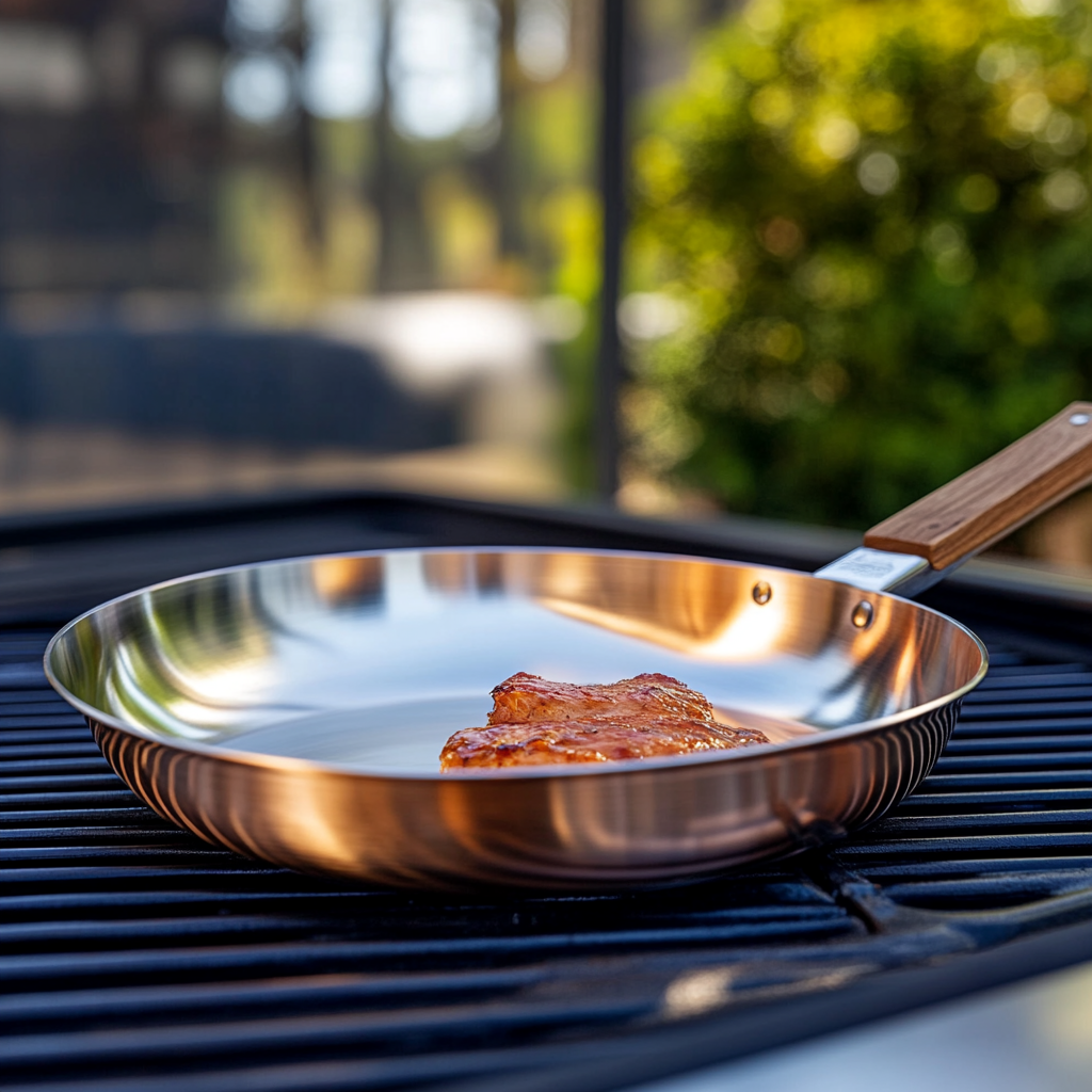 A Copper Pan Cooking Steak on Grill