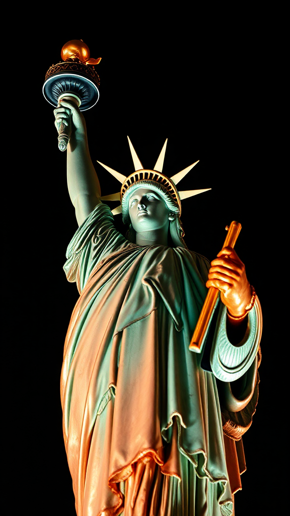 A Copper Statue of Liberty shines brightly