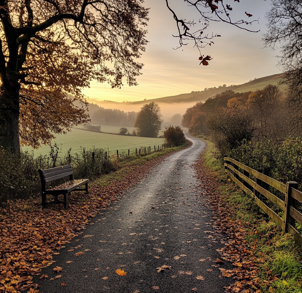 A Country Road in Autumn: Trees, Fog, Hills