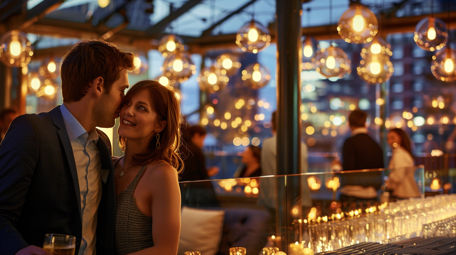 A Couple Enjoying Cocktails at Rooftop Bar at Dusk