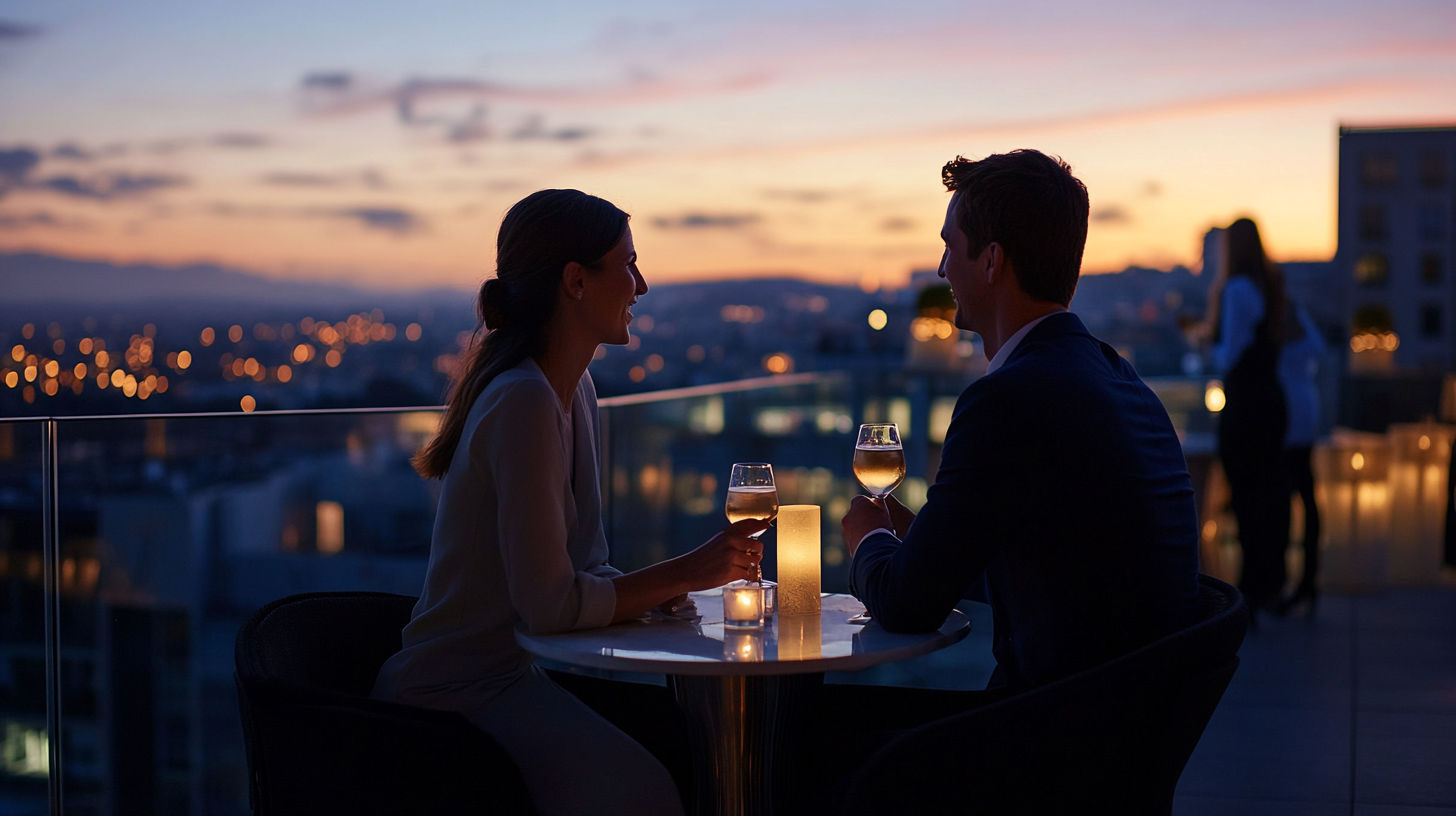 A Couple Enjoying Rooftop Bar at Dusk