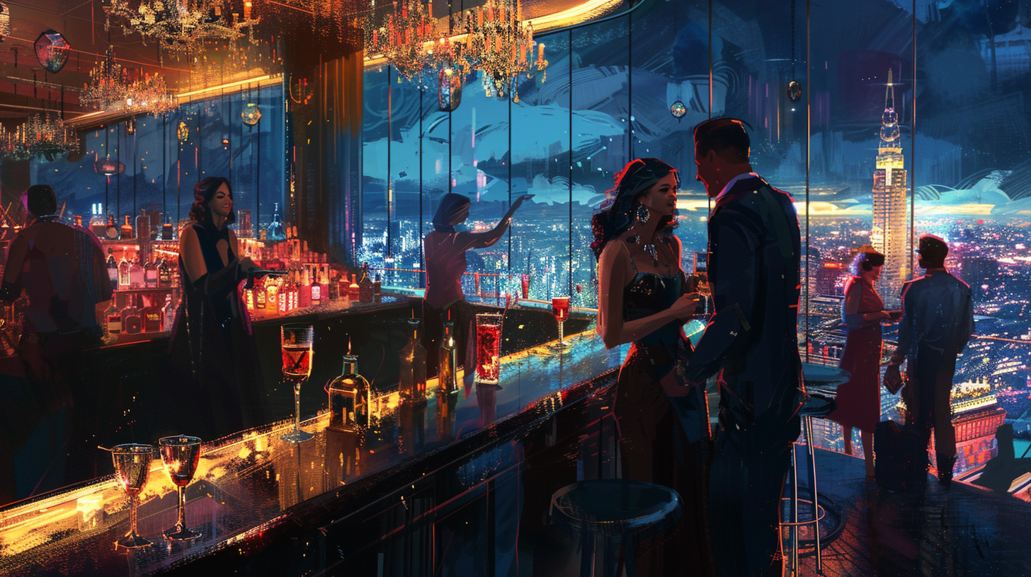 A Couple Enjoying Rooftop Bar with Scenic Dusk