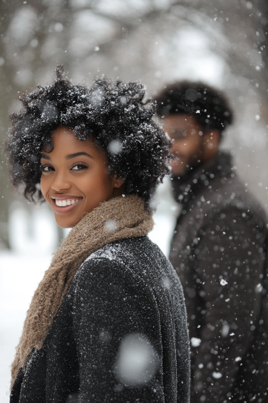 A Couple Enjoying a Snowy Winter Walk in Park