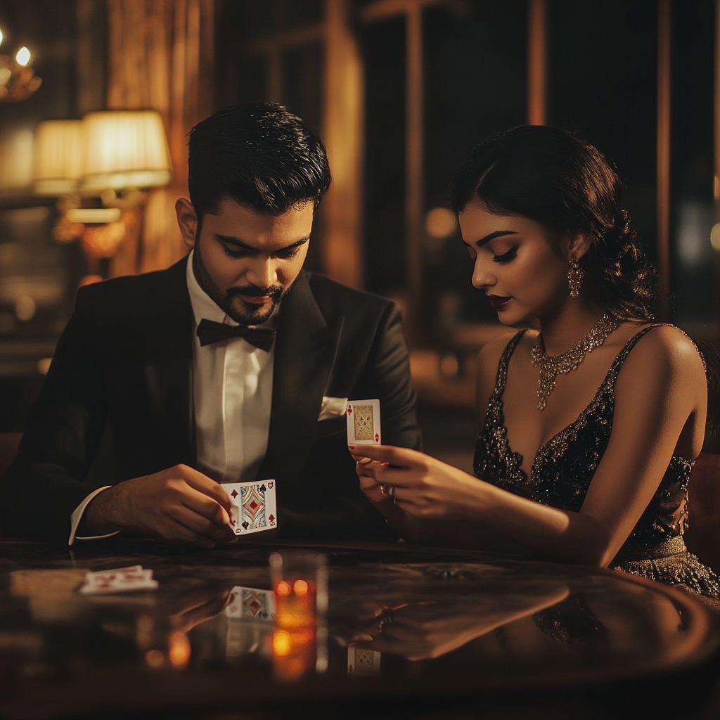 Indian Couple Playing Poker at Home Night Party