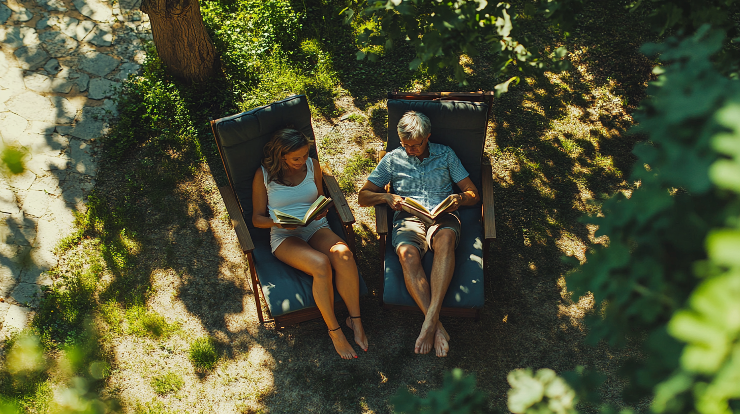 A Couple Reading in Garden Recliner Chair.