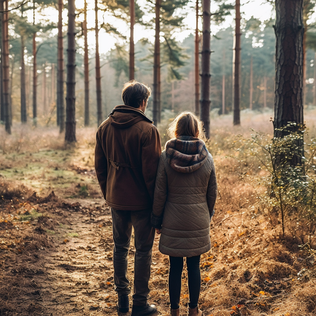 A Couple StandingTogether in a Forest Viewing Scenery