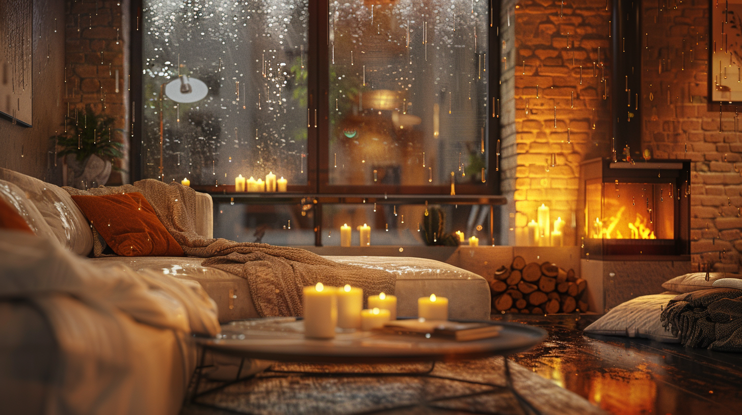 A Cozy Autumn Room with Fireplace and Candles