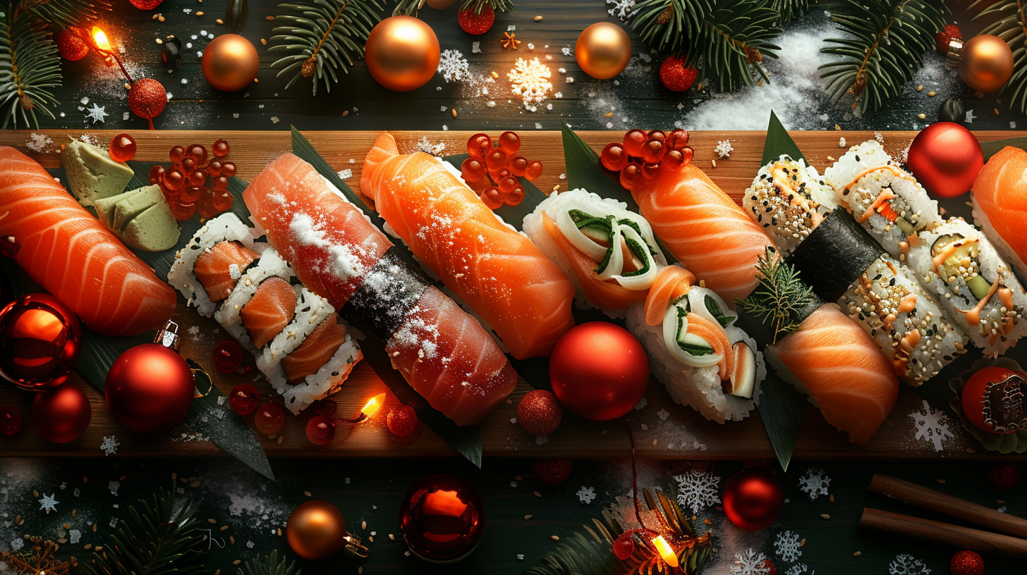 A Cozy Christmas Sushi Restaurant Background