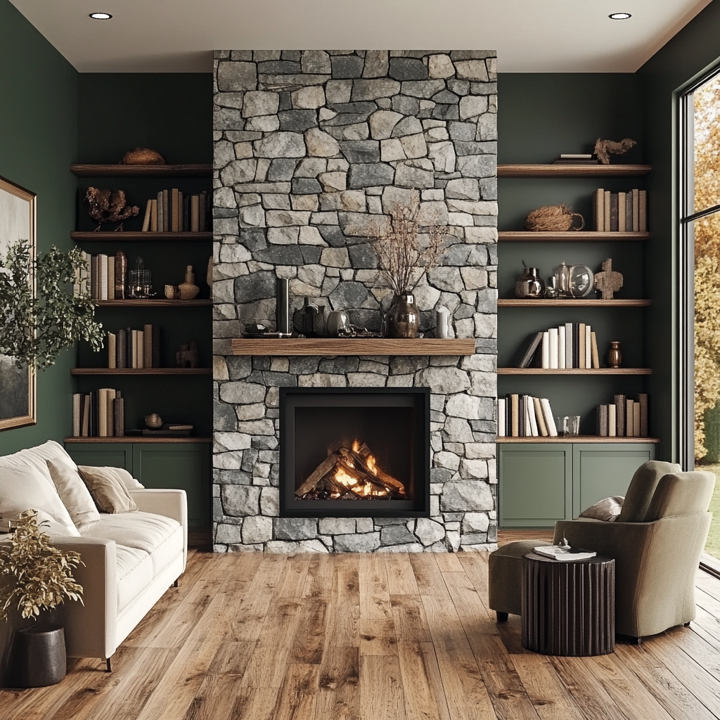 A Cozy Living Room with Fireplace and Stone