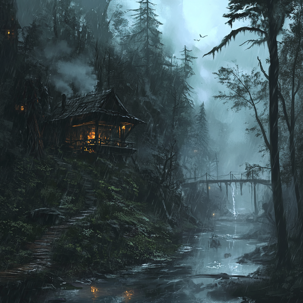 A Cozy Outpost in a Rainy Fantasy Forest