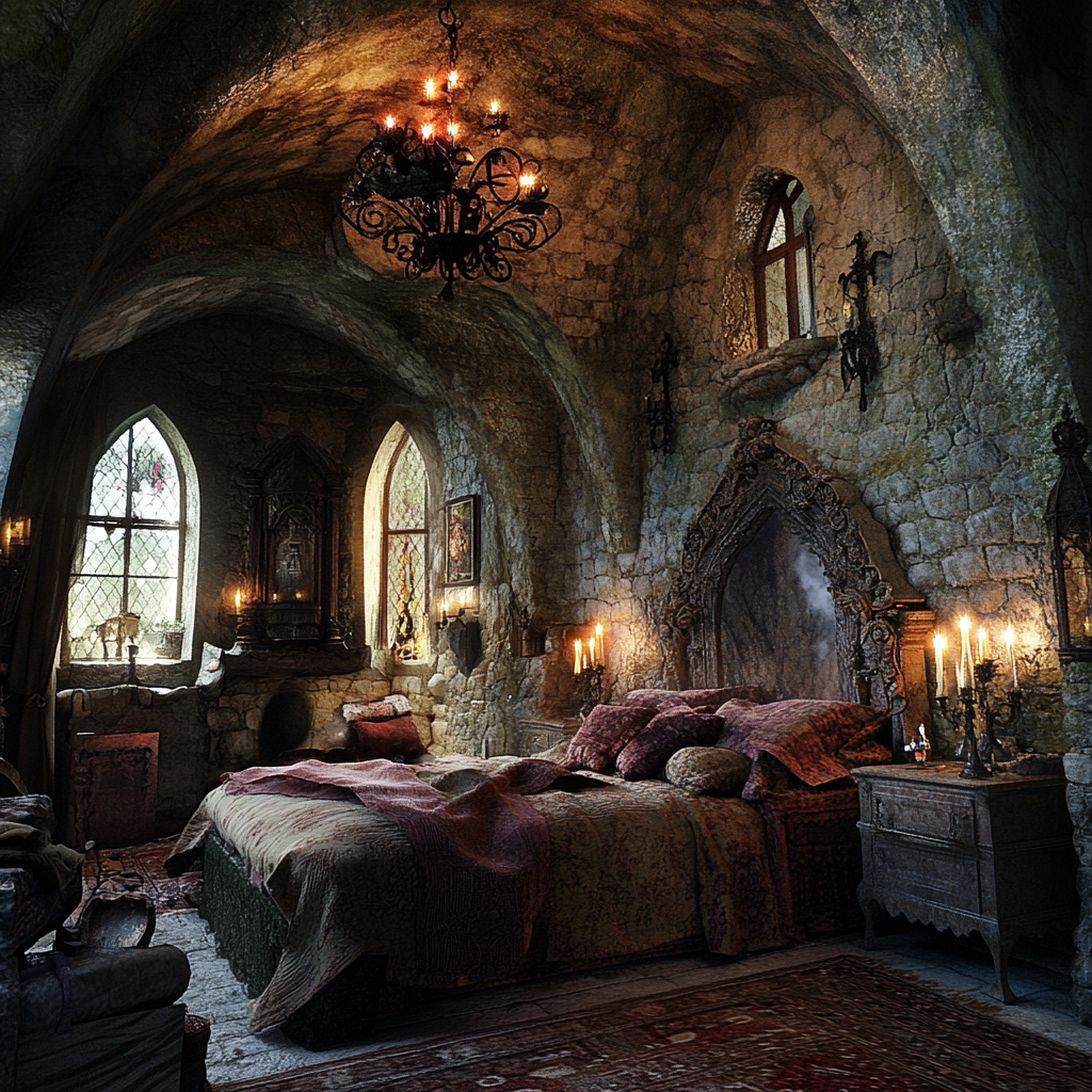 A Cozy Stone Gothic Cottage Lit by Candlelight