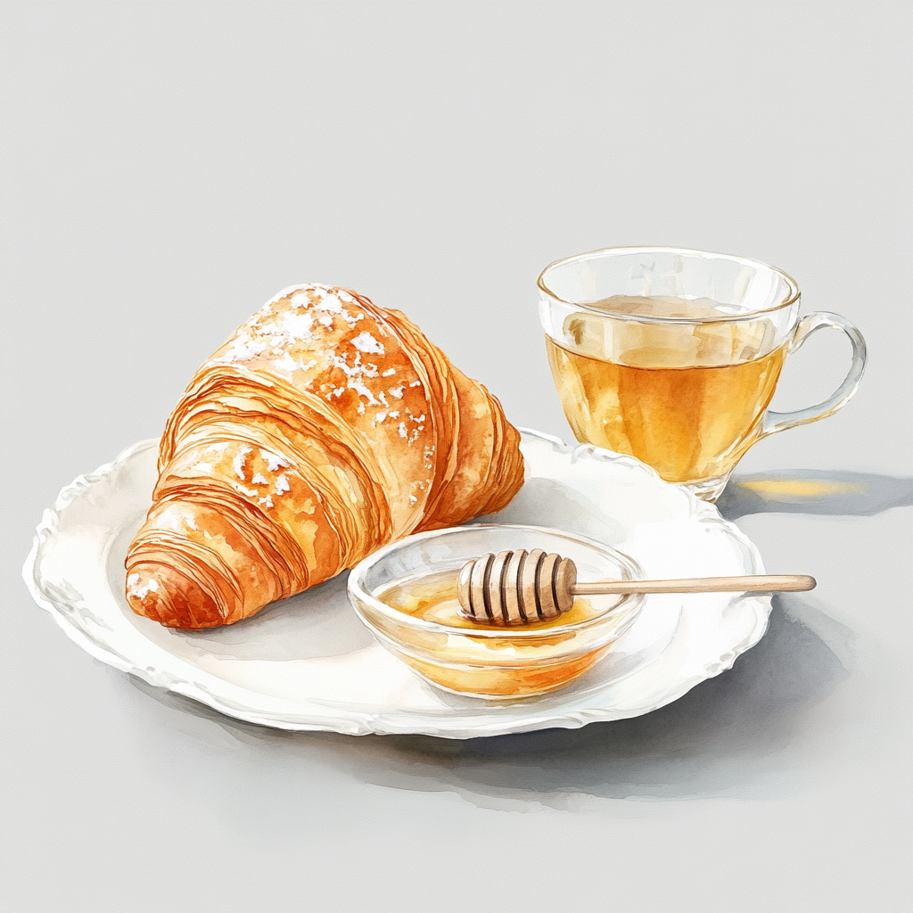 A Croissant and Tea with Honey Watercolor Illustration