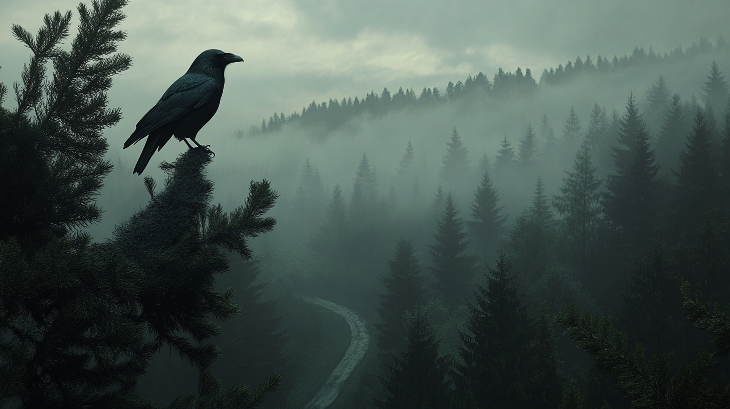 A Crow Observing Forest from Tall Pine Tree