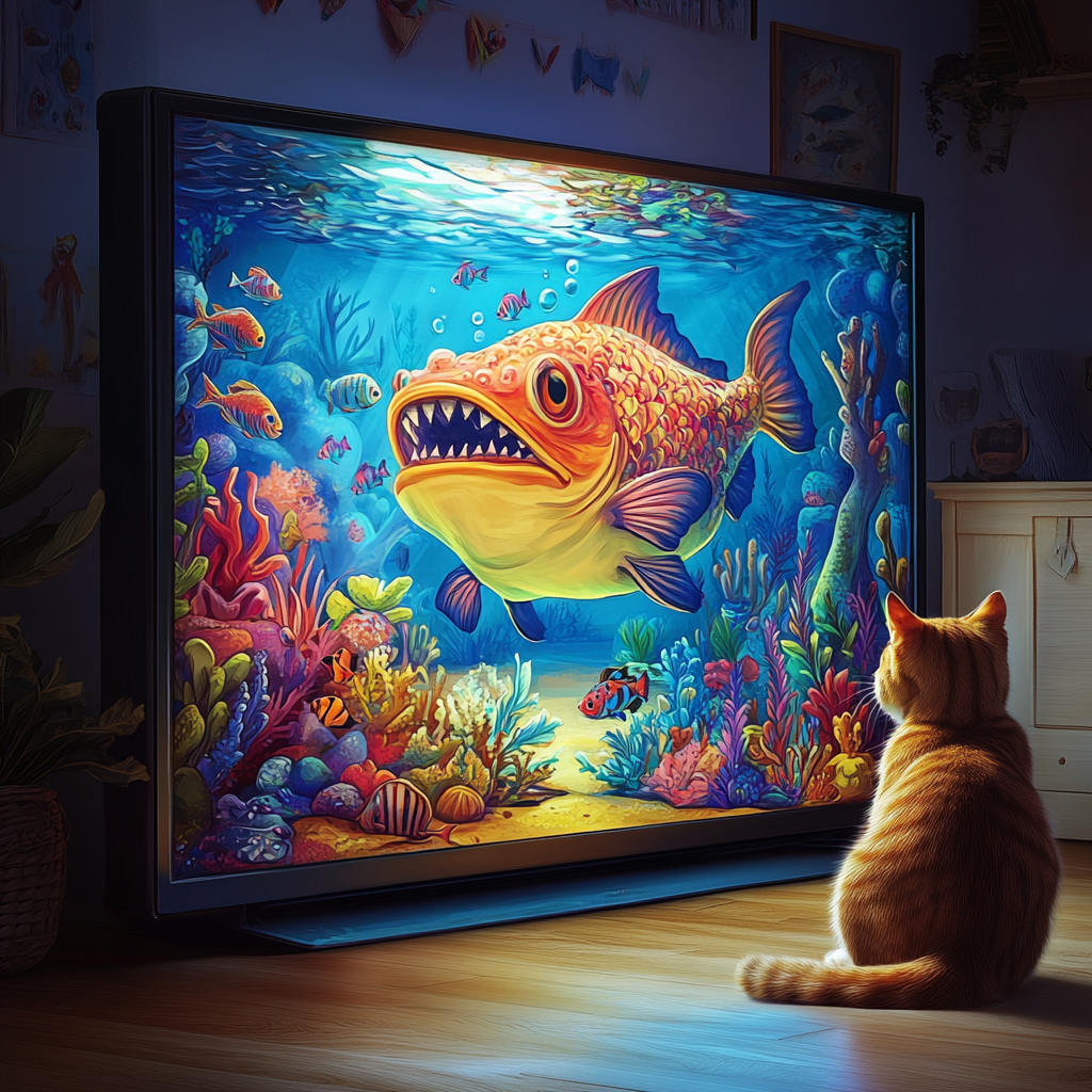 A Curious Cat Watches Colorful Fish on TV