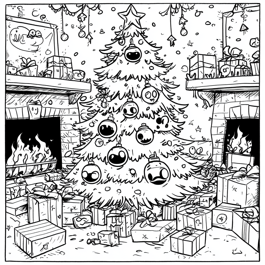 A Cursed but Cute Christmas Tree Coloring Page