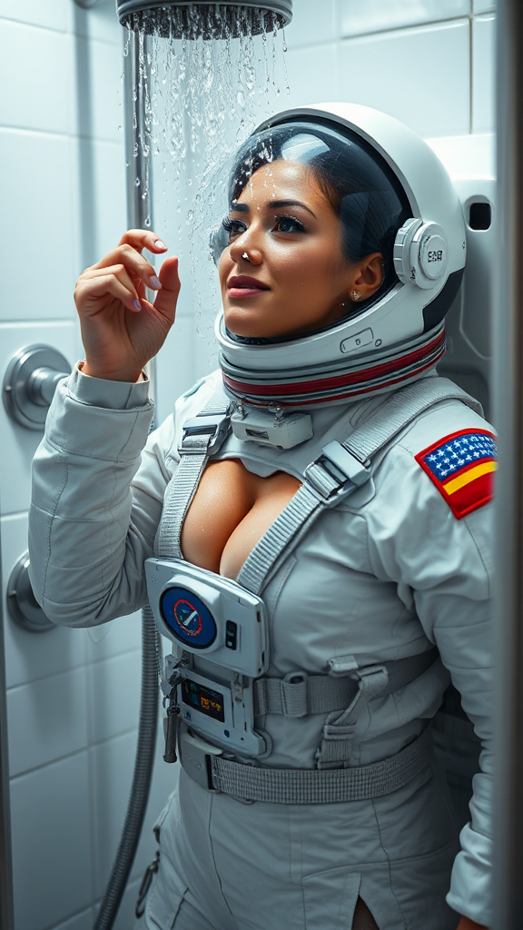 A Curvy Canadian Female Astronaut Showering in Space