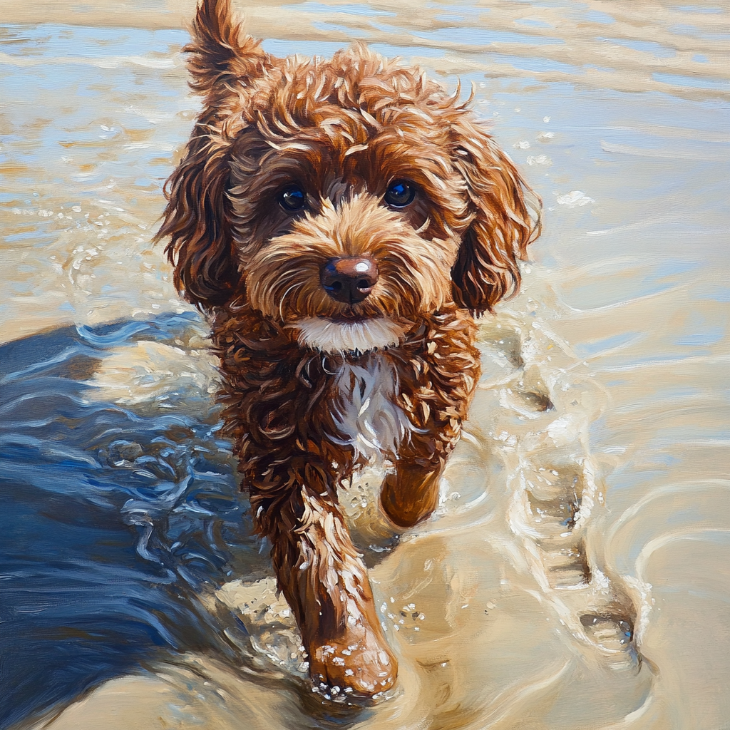 A Cute Brown Cavoodle Dog Playing on Beach