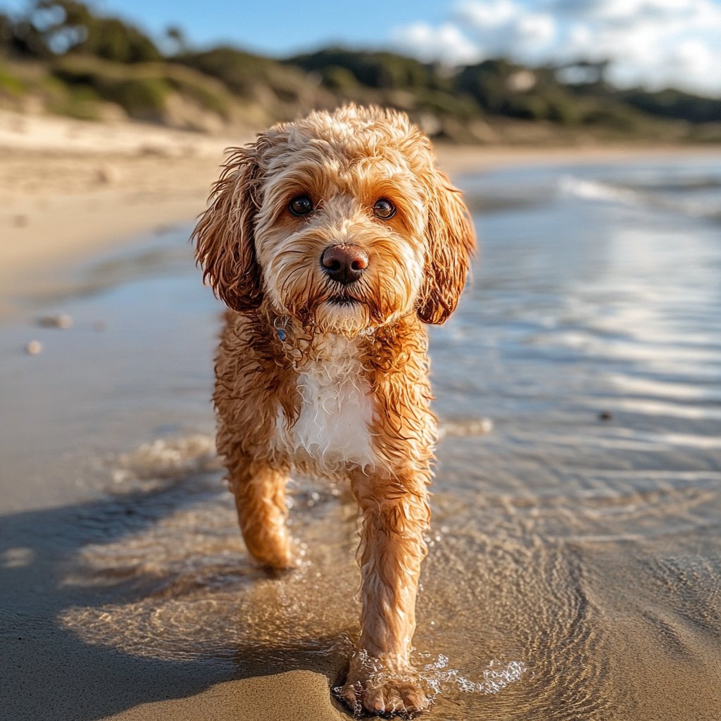 A Cute Cavoodle Dog Walking on Beach