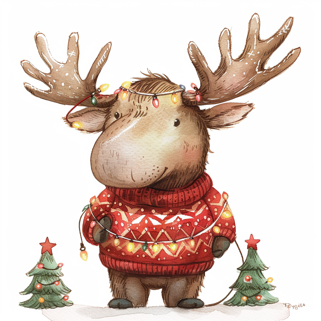 A Cute Christmas Moose with Lights and Sweater