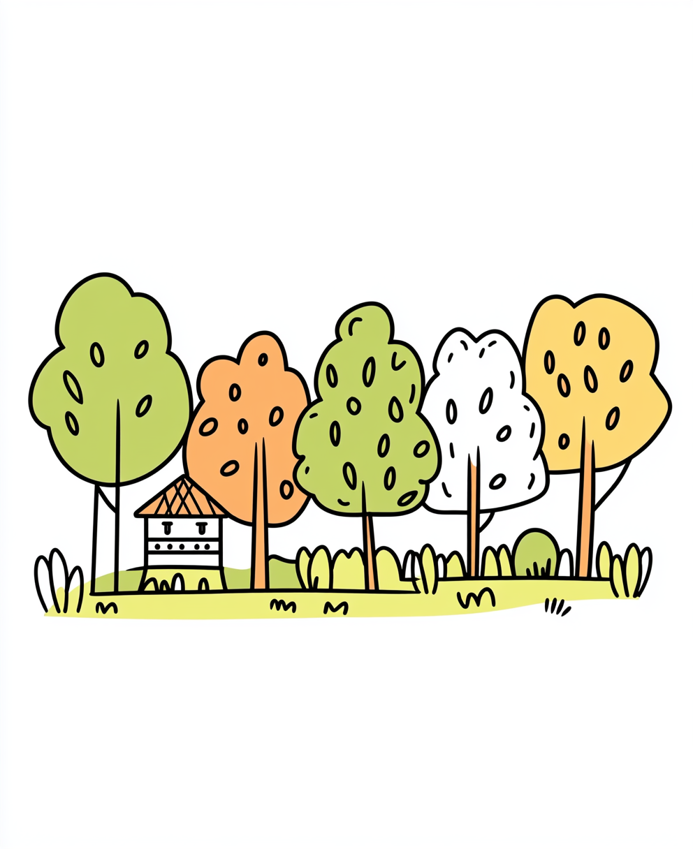 A Cute Farm with Trees Coloring Page