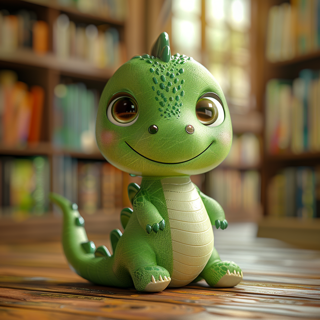 A Cute Green Dragon Standing in Library