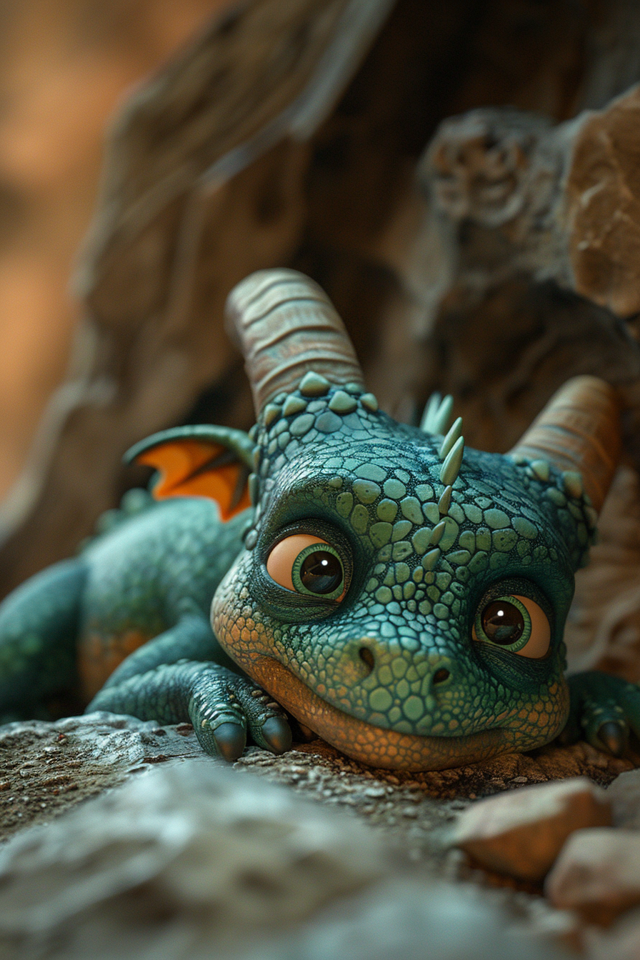 A Cute Green Dragon in a Magical Cave