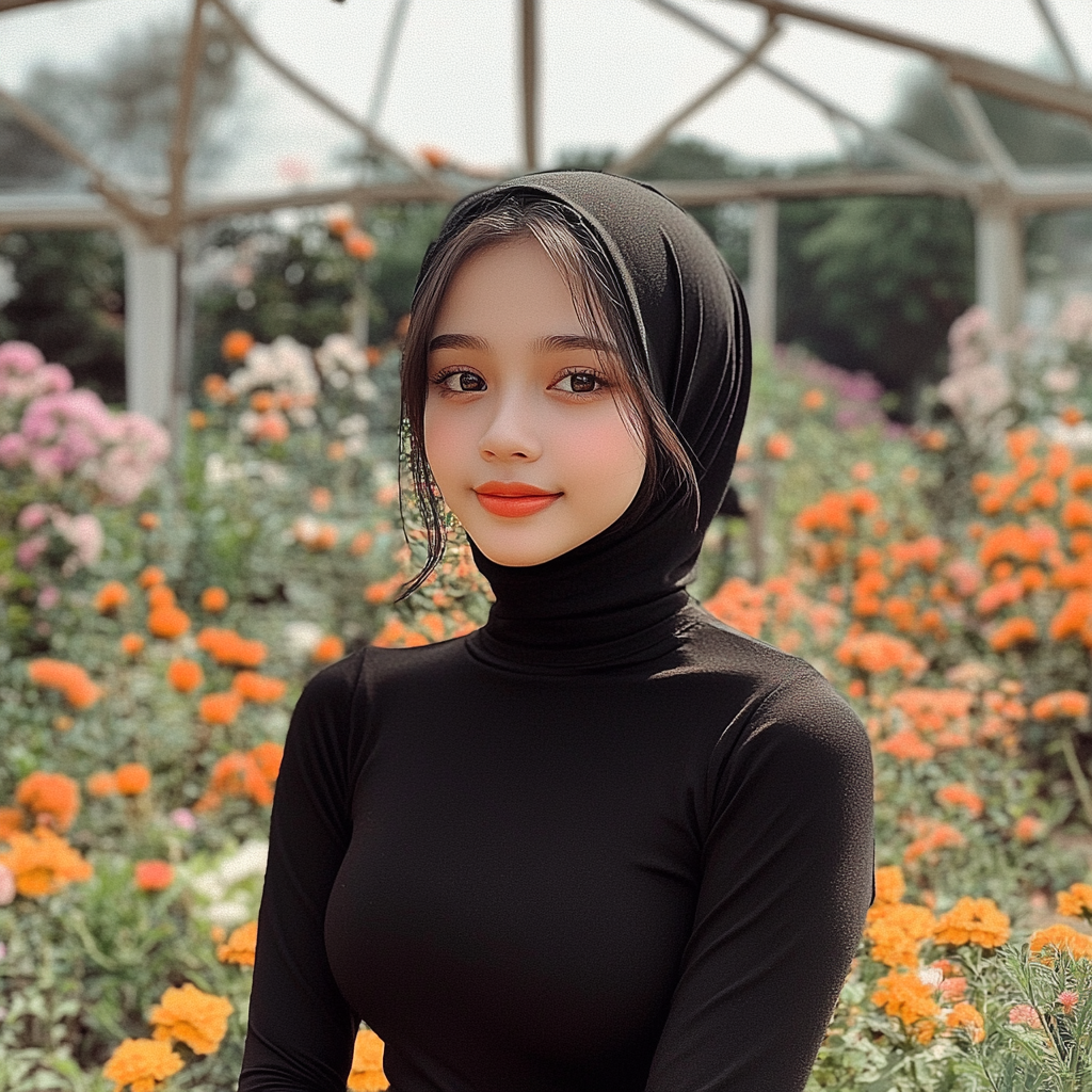 A Cute Indonesian Girl Smiling in Flower Garden