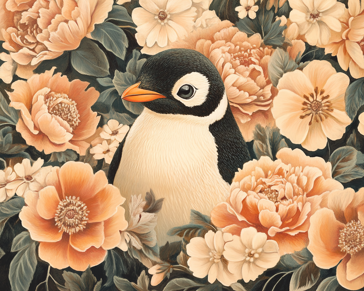 A Cute Penguin in a Flower Garden