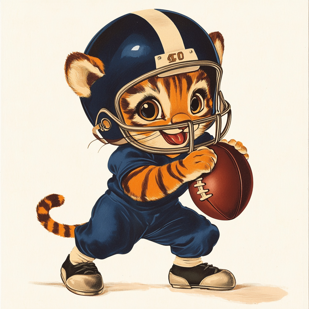 A Cute Tiger Cub in Football Gear. Vintage Style