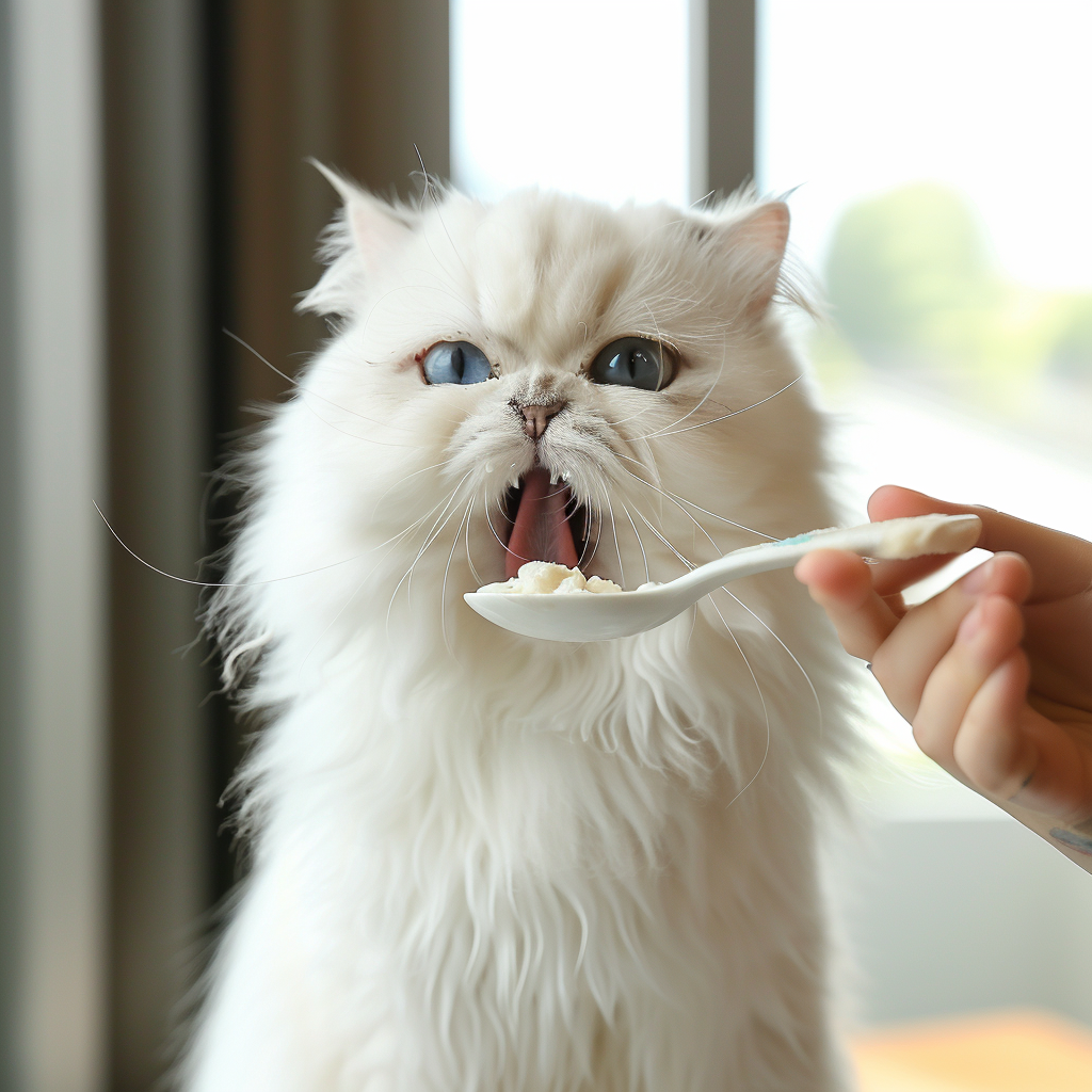 A Cute White Persian Cat Eating Food.