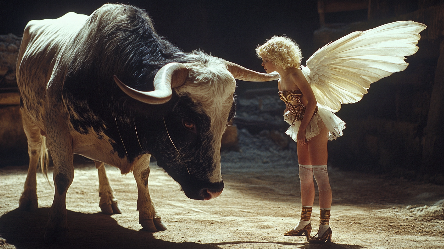 A Cyber Angel Discussing with a Bull