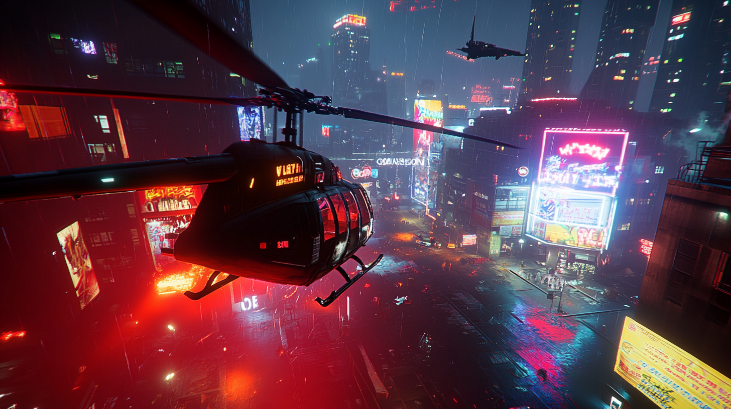 A Cyberpunk Huey helicopter chased by dragon.