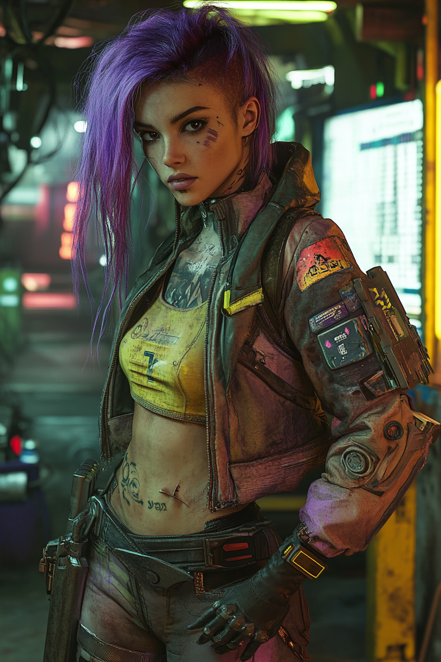 A Cyberpunk Mechanic Girl in a Neon Garage