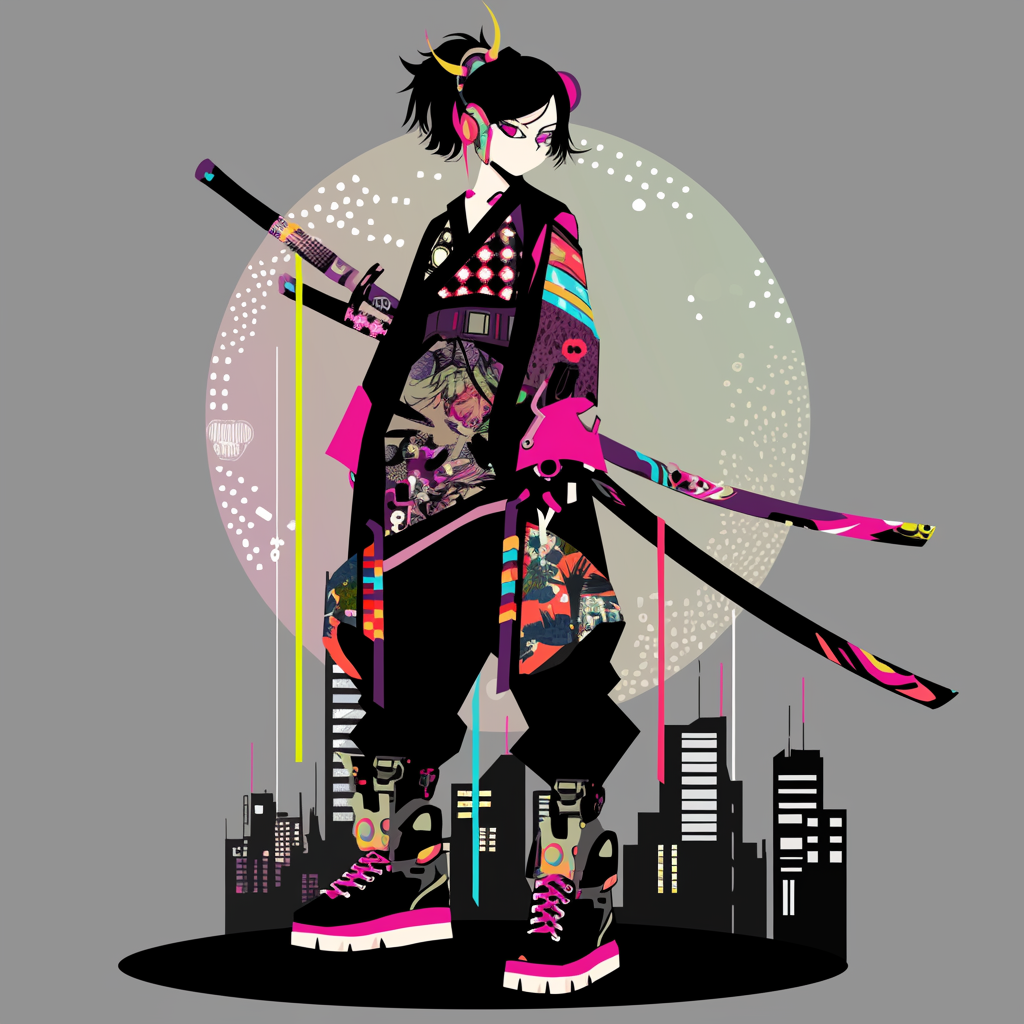 A Cyberpunk Samurai Girl in Modern Fashion