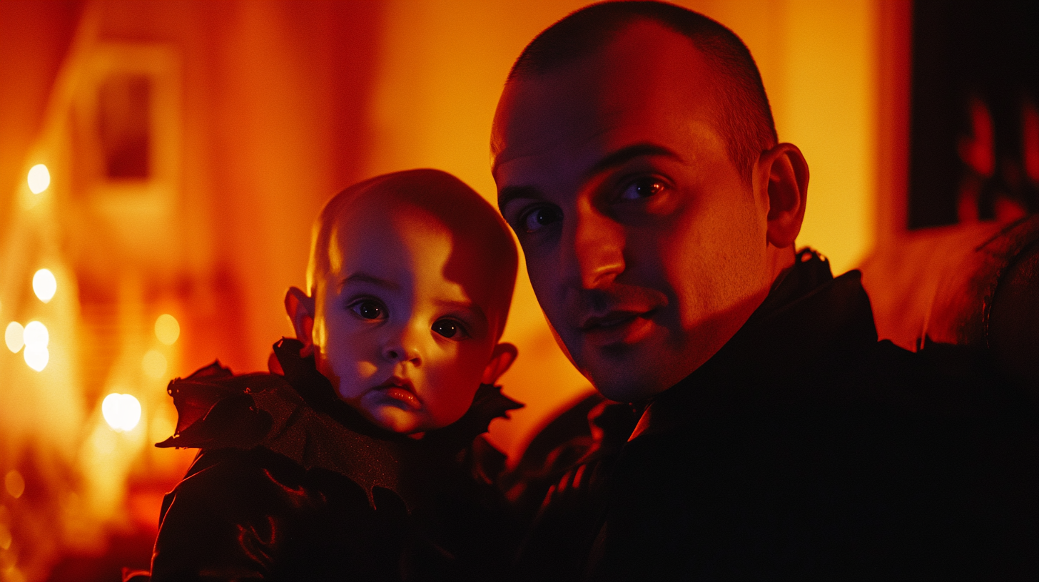 A Dad and Son in Vampire Costumes at Halloween