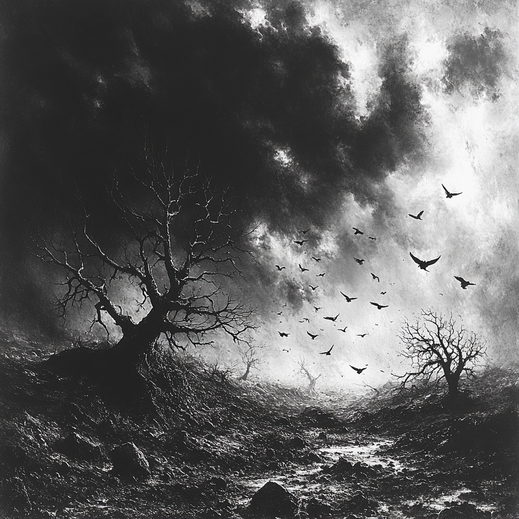 A Dark, Gothic Landscape with Rotting Dead Trees