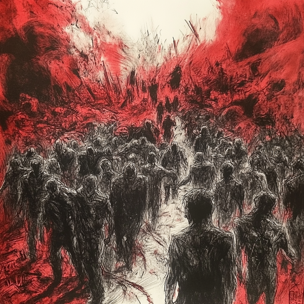 A Dark Drawing of Screaming People in Hell.