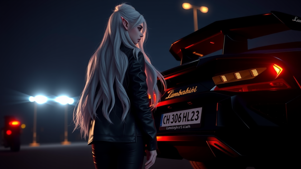 A Dark Night Elf Girl Near A Lamborghini