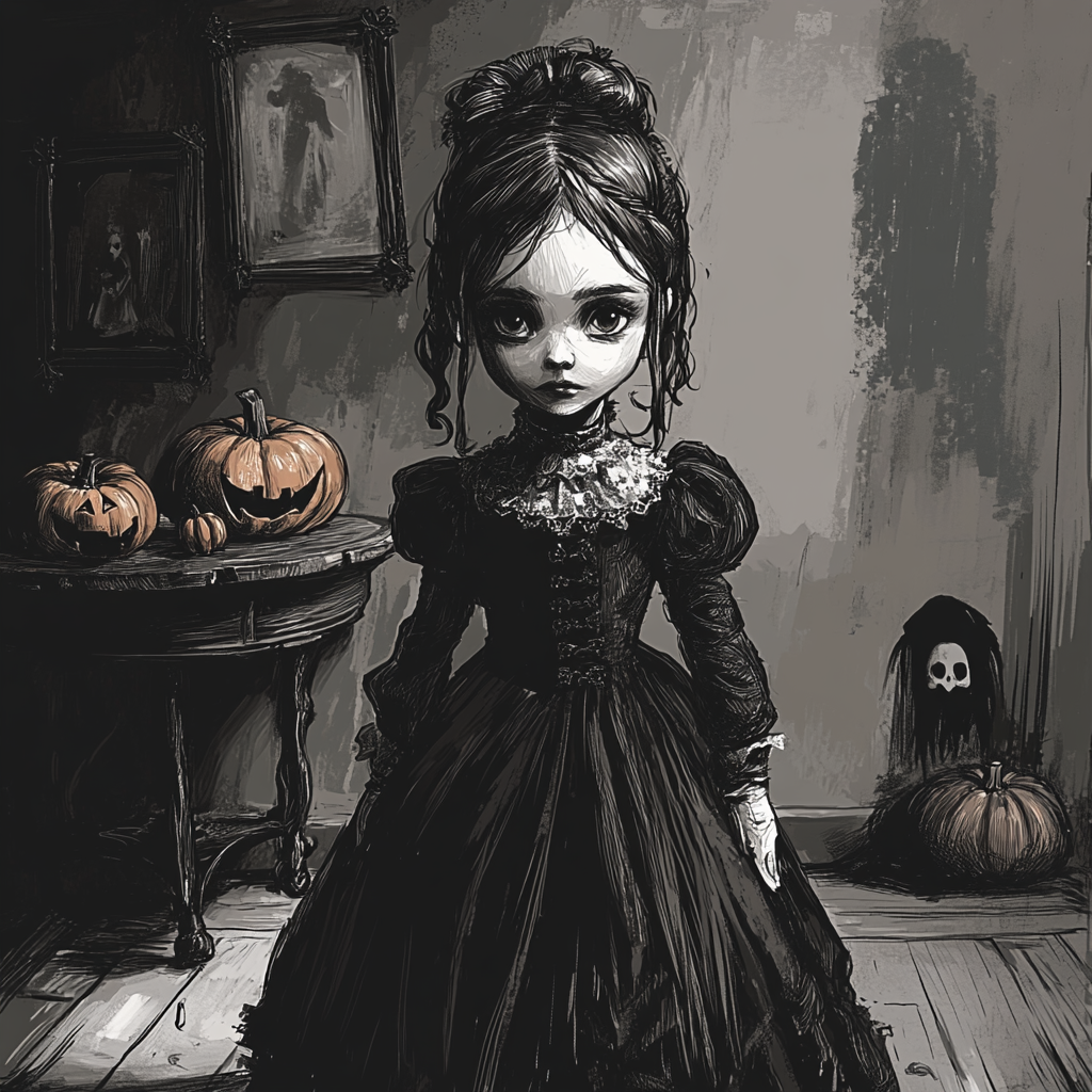 A Dark Victorian Girl in Halloween Room