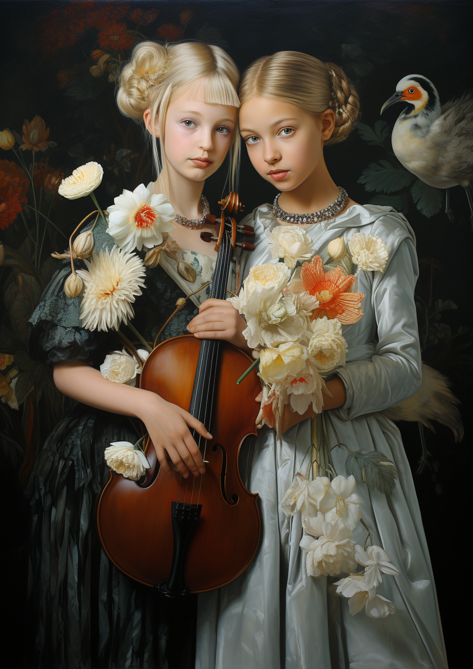 A Detailed, Elegant Painting of Girls with Swan