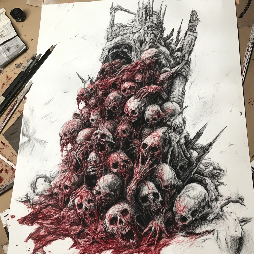 A Detailed Charcoal Drawing of a Demonic War