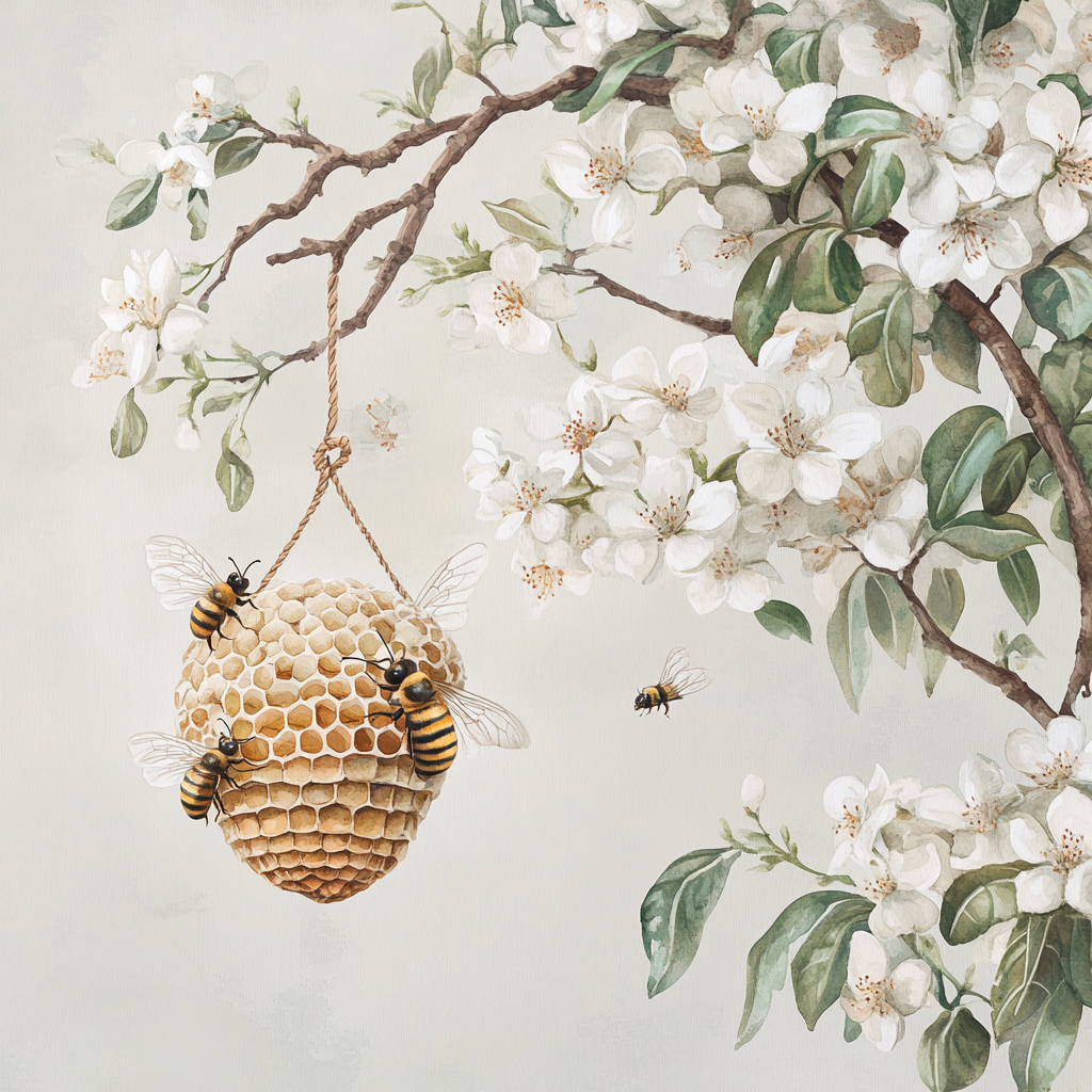 A Detailed Watercolor of Beehive on Flowering Tree