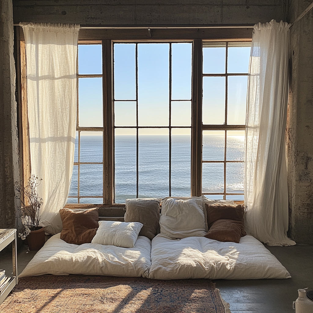 A Detailed Window in Warehouse Loft Overlooking Ocean