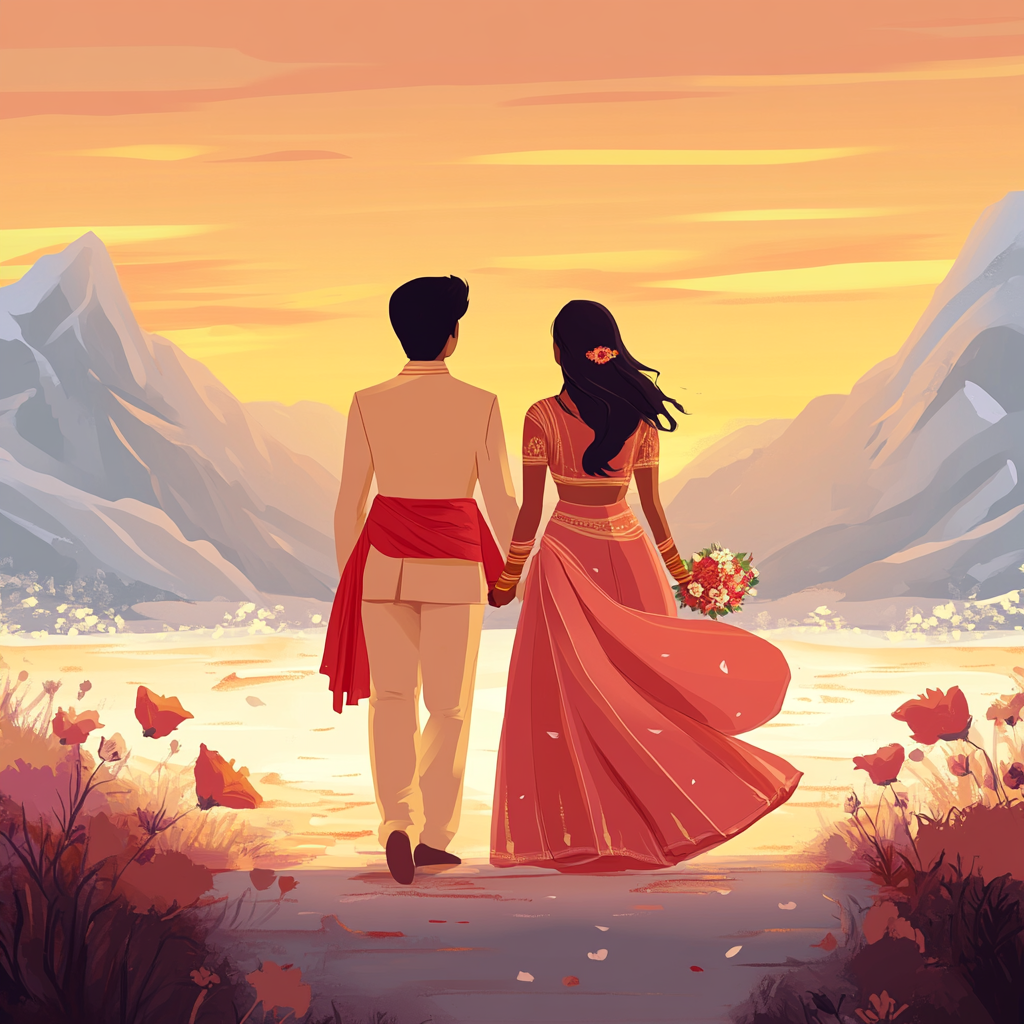 A Disney cartoon Indian wedding couple walking towards sunset