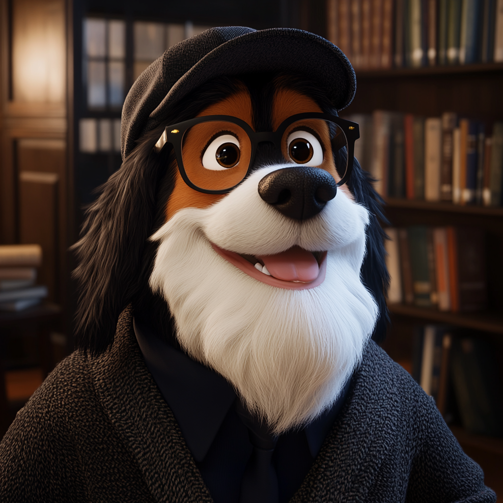 A Disney character portrait in a library setting.