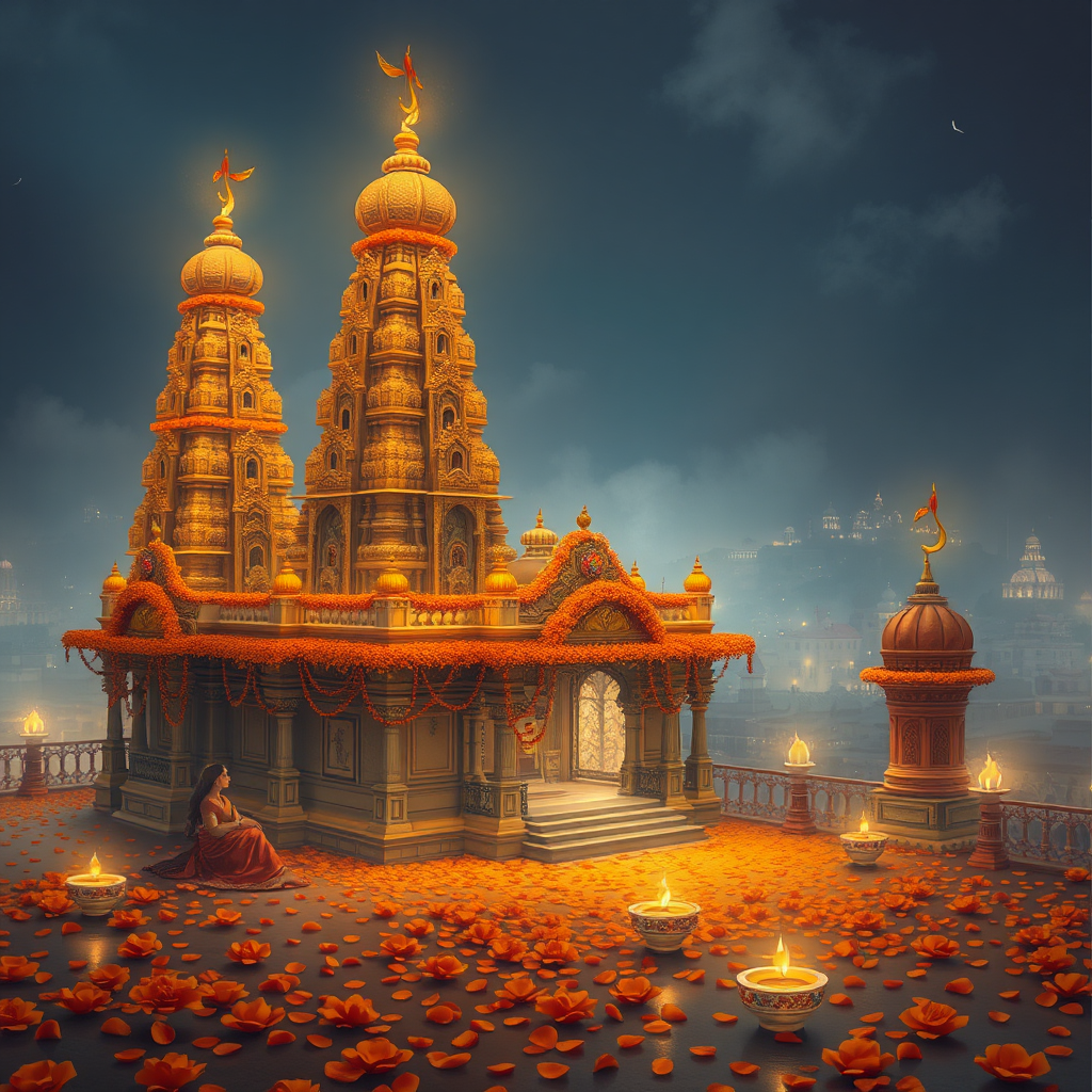 A Diwali Temple with Flowers, Lamps, City Lights.